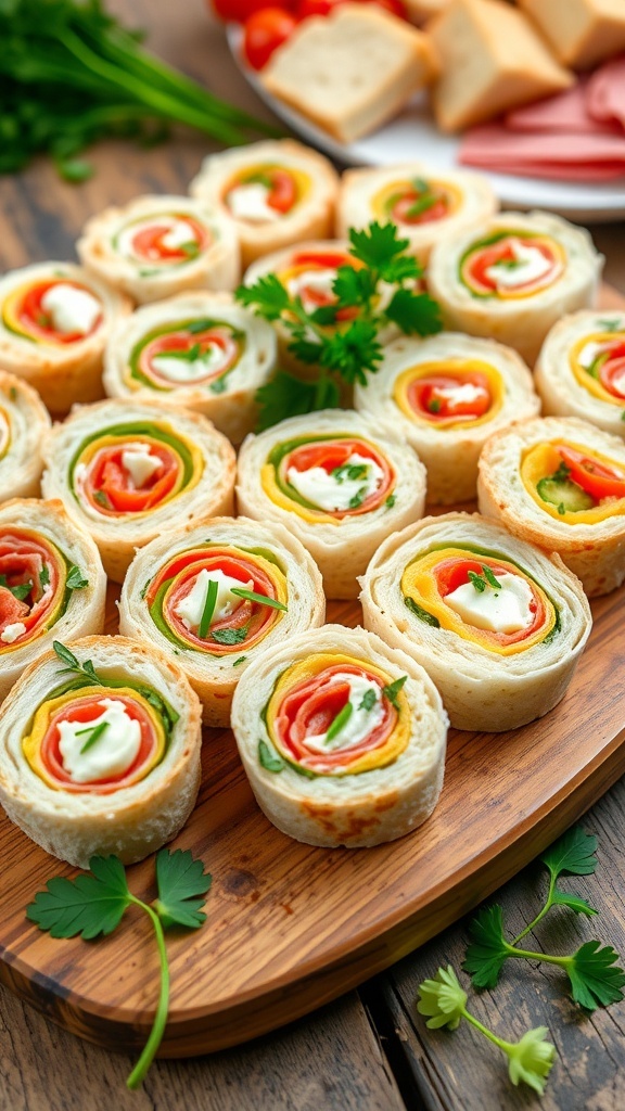 Savory Sandwich Bread Appetizers A platter of colorful sandwich bread appetizers with cream cheese and vegetables, garnished with herbs.
